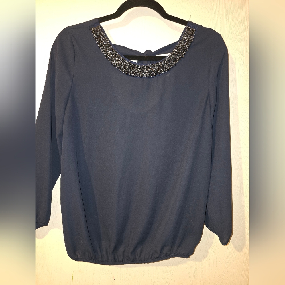 Womens Navy Blouse Embelished Neckline Tie On Back Charlotte Russe Size M